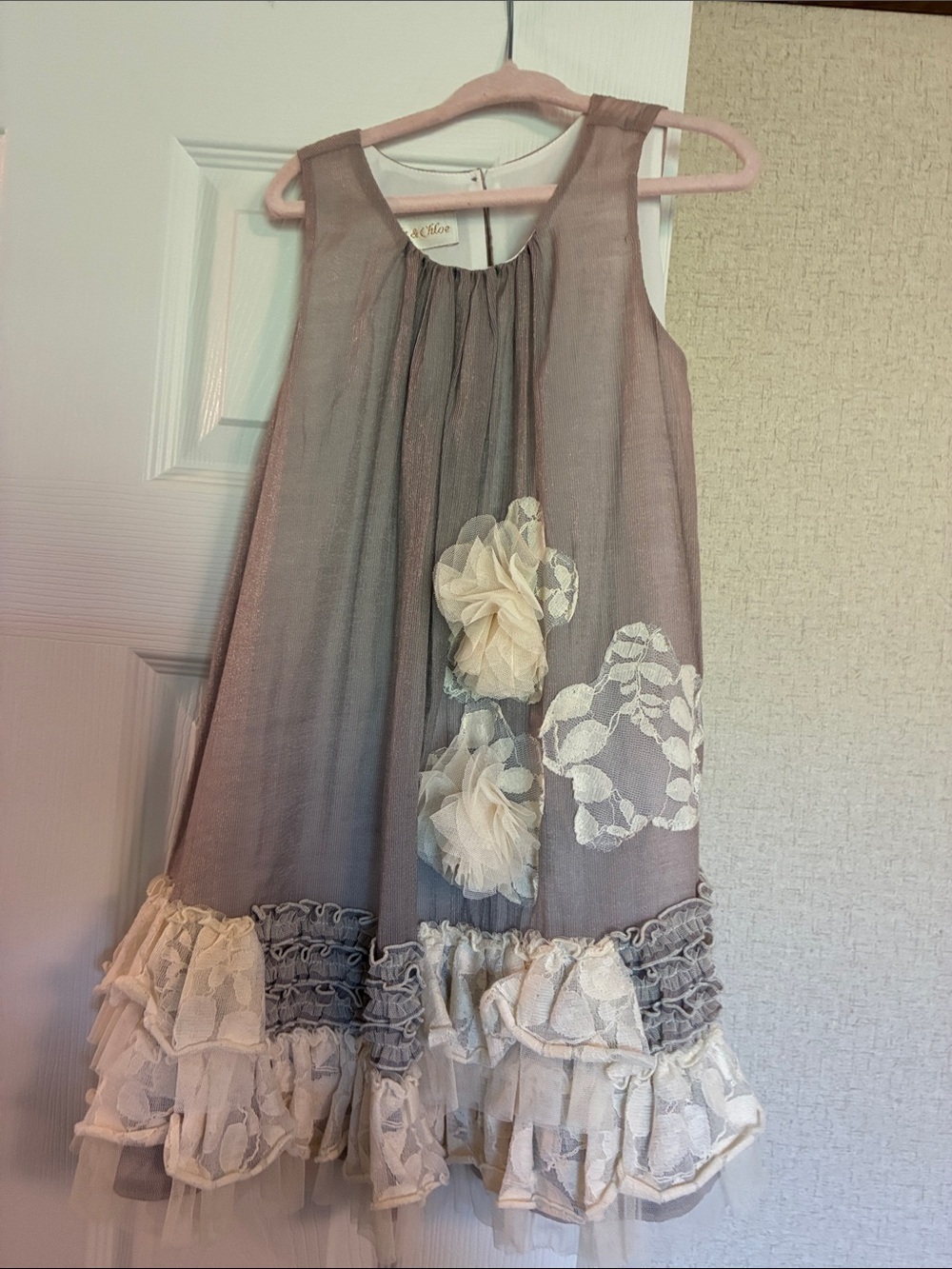 Isabella andChildrens Sleeveless Layered Dress with Lace Flowers - Gray and Chlo